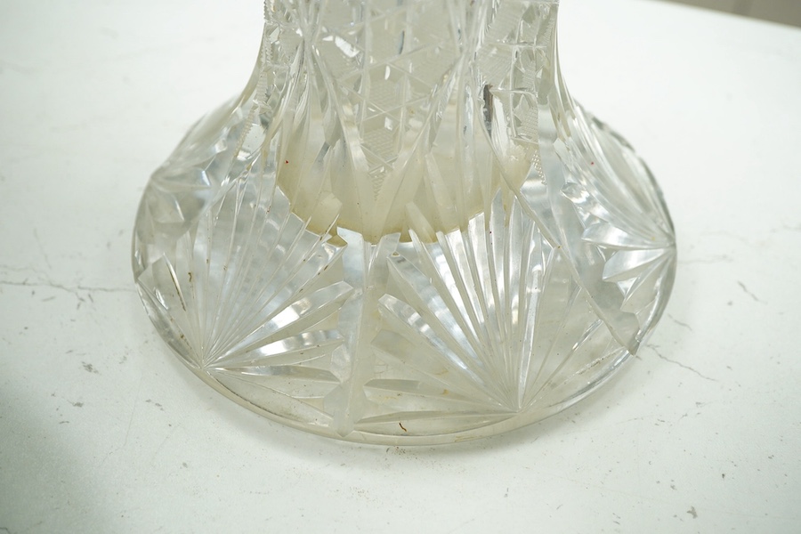 Two late 19th / early 20th century large cut glass vases, largest 37cm high. Condition - fair, some minor chips